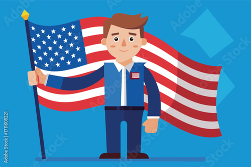 Young person holding American flag and smiling with bright blue background