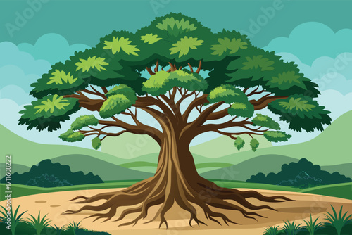 Large green tree with thick roots in a lush landscape under a blue sky