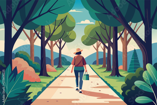 Walking along a peaceful pathway surrounded by lush trees and mountains in daytime