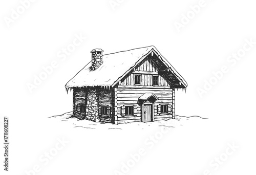 Rustic snow-covered cabin illustration with stone chimney and icicles - stock vector