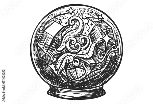 Intricate black and white abstract sphere with swirling patterns and stars - stock vector