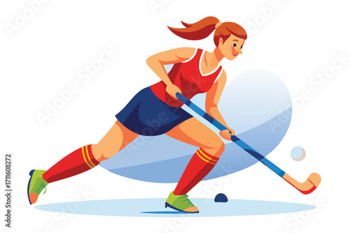 Youth athlete plays field hockey, showcasing skill and determination in an energetic motion