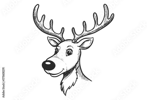 Illustration of friendly deer with large antlers and cheerful expression - stock vector