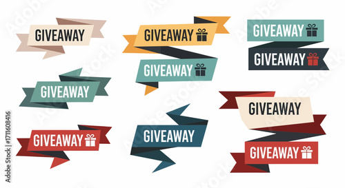 A colorful set of retrostyle giveaway banners and ribbon labels for promotions and contests.