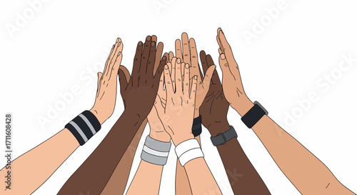 A diverse group of illustrated hands raised together in a gesture of unity and teamwork.