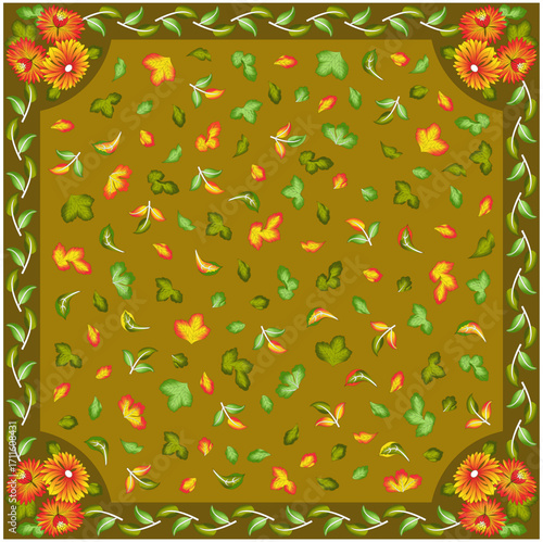 Olive Green Floral Scarf Vector with Leaf and Petal Pattern