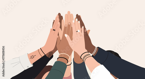 A group of diverse multiethnic hands raised together in a highfive gesture of unity.