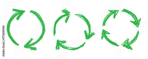 Set of hand drawn recycle arrow icon Recycling resources symbol Reuse of materials, zero waste, green environment, saving the planet