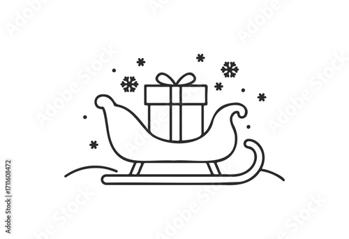 Minimalist sleigh with gift and snowflakes line drawing - stock vector
