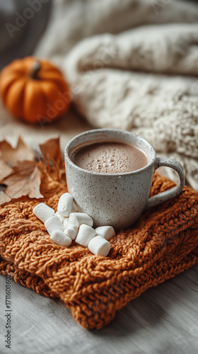 cup of coffee with marsmellow and pumpkin