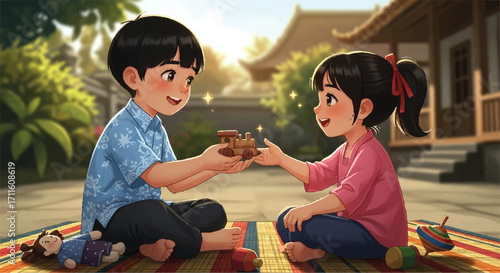 A young boy and girl sharing a toy train, sitting on mats outdoors with traditional buildings in the background.