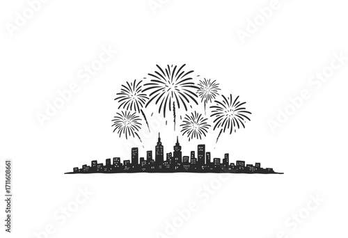 City skyline with fireworks celebration display over urban landscape - stock vector