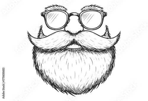 Hand-drawn bearded male face with glasses in vintage style - stock vector