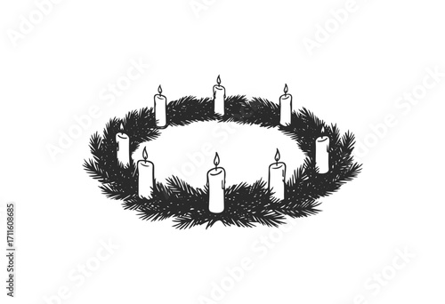 Hand-drawn festive candle wreath with pine needles and six flickering candles - stock vector