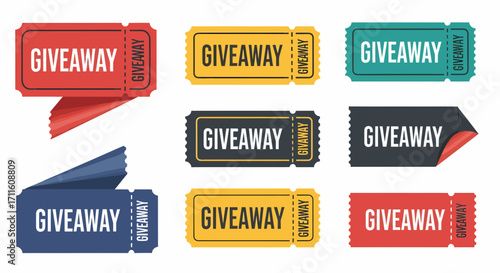 Colorful giveaway raffle ticket collection Vector set of entry stubs for contests lotteries and promotions in a flat design style.