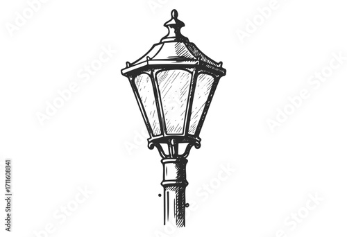 Vintage decorative street lamp hand-drawn sketch with classic design details - stock vector
