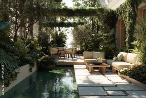 Quiet Luxury Tropical Garden Terrace with Modern Outdoor Lounge and Dining Area