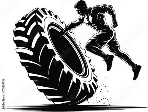 Tire Flip Silhouette Vector Illustration A Strongman Workout Black Graphic Design Element for Fitness Enthusiasts and Gym Inspired Projects