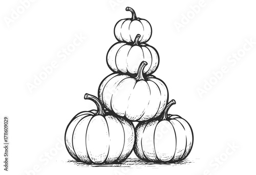 Hand-drawn pumpkin pyramid illustration with five stacked pumpkins - stock vector