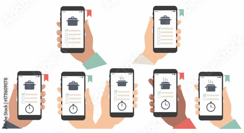 Diverse hands holding smartphones with a cooking recipe app showing checklists and timers.