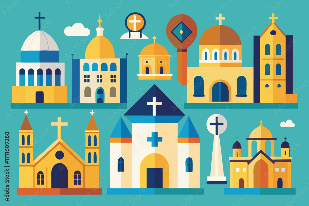Fototapeta premium Colorful collection of church designs showcasing various architectural styles and features in flat design