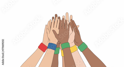 Diverse Hands Joined in Unity Colorful Wristbands.