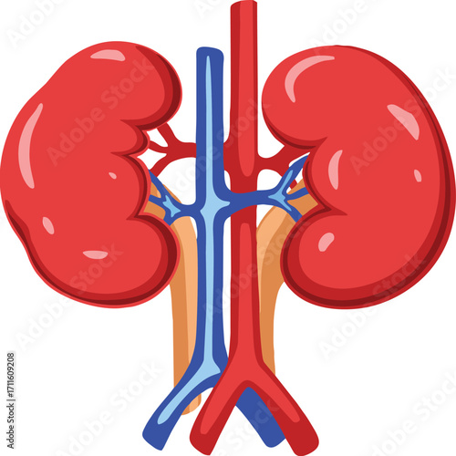 Human Kidney Anatomy Vector Medical Illustration of Kidneys, Renal Veins and Arteries