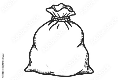 Hand-drawn burlap sack sketch with tied top knot - stock vector