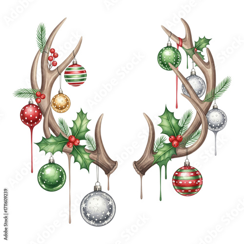 Whimsical christmas deer antlers adorned with festive ornaments, holly, and pine sprigs, isolated on transparent background