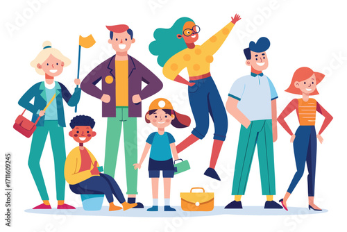 Diverse group of friends enjoying a sunny day outdoors in a colorful and vibrant setting