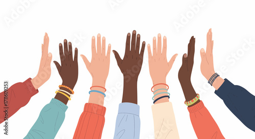 Diverse Hands Raised in Unity and Celebration 1.