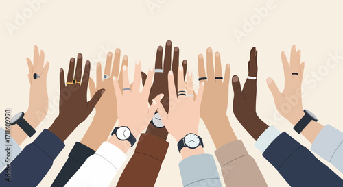 Diverse Hands Raised in Unity Showing Rings and Watches.