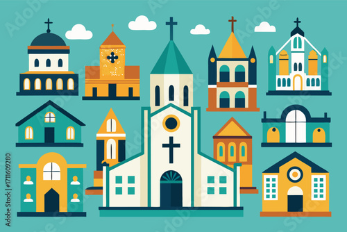 Explore a colorful collection of different church designs showcasing various architectural styles and details