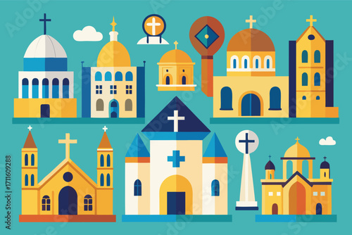 Colorful collection of church designs showcasing various architectural styles and features in flat design
