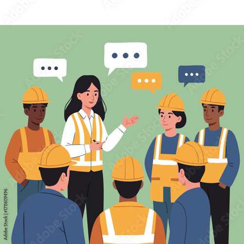 A skilled female supervisor leads a diverse team of construction workers in an important on-site safety briefing, promoting teamwork and clear communication.