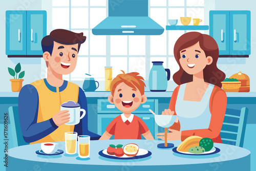 Family enjoys breakfast together in a cozy kitchen filled with colorful dishes and cheerful smiles