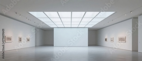 Empty modern art gallery with minimalist white walls, framed artworks, and skylight ceiling