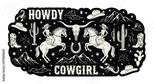 Vintage western cowgirl design featuring horses, cacti, and desert landscape elements