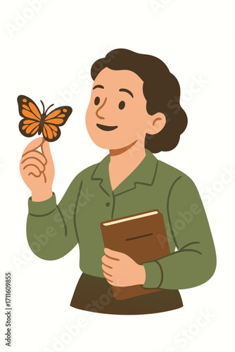 Curious Biologist Observing a Monarch Butterfly in a Field Study