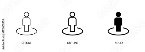 People location icons for location sharing, locator, map. Vector stroke, outline and solid icons. Eps10 format.