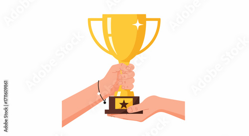 Hands exchanging a golden trophy with a star emblem.