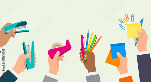 Hands Holding Assorted Office Supplies.