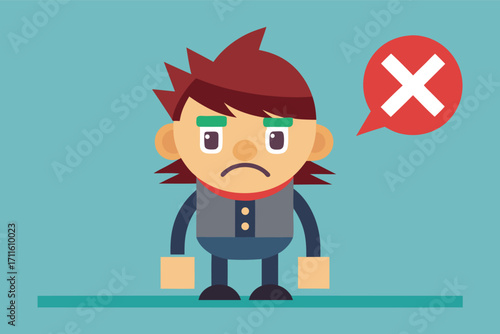 Character with a sad expression showing a rejection sign in a minimalistic design on a blue background