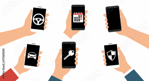 Hands holding smartphones displaying car calendar key and security icons.
