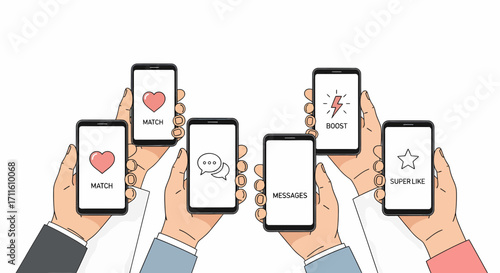Hands Holding Smartphones Displaying Dating App Features.