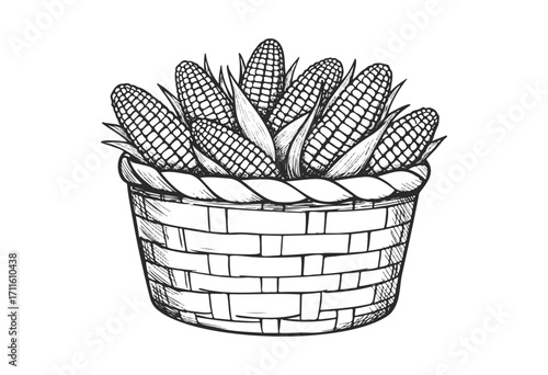 Hand-drawn basket with corn cobs in black and white line art style - stock vector