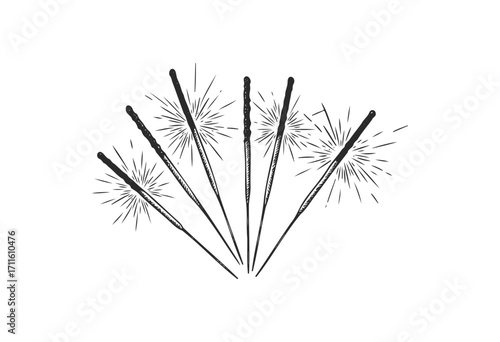 Monochrome sparkler design with five erupting fireworks - stock vector