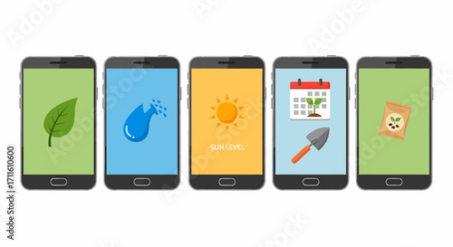 Mobile Phones Displaying Plant Care Icons Leaf Water Sun Calendar Seeds.