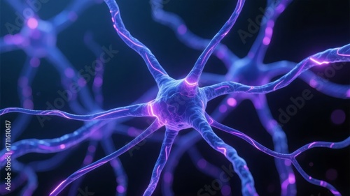 Neuron cell with dendrites and axon under microscopic view, illuminated in purple hues