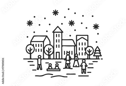 Winter wonderland scene with snowfall and people enjoying outdoors in village - stock vector